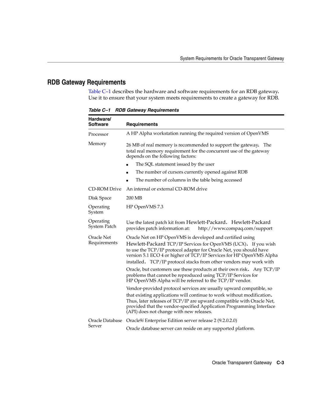 Oracle Audio Technologies B10508-01 manual Table C-1 RDB Gateway Requirements, Hardware Software Requirements 