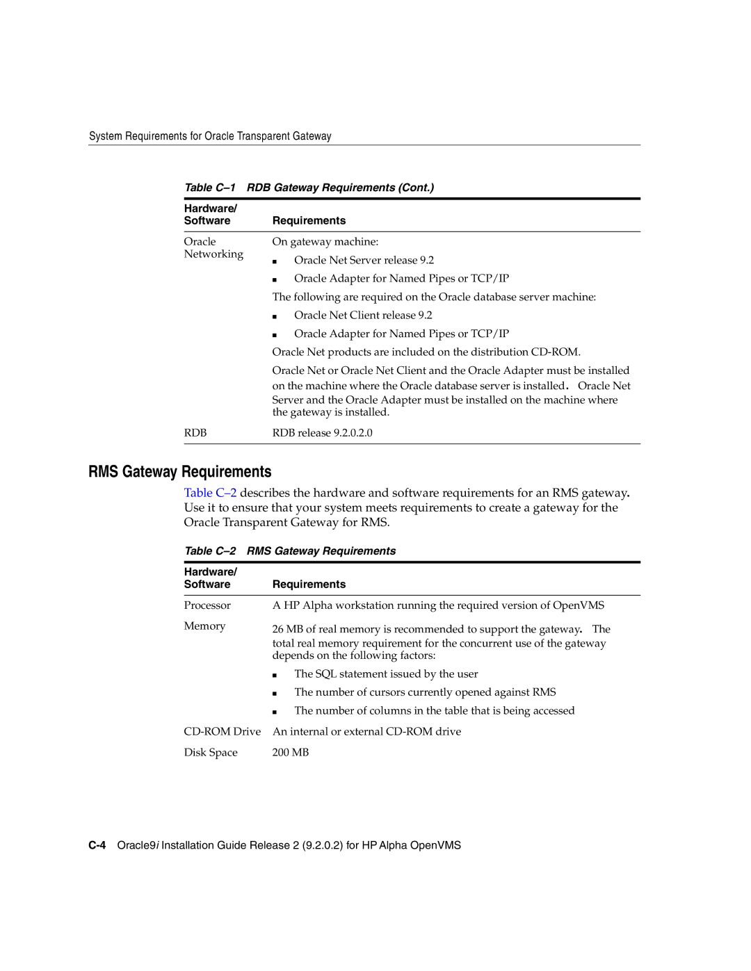 Oracle Audio Technologies B10508-01 RMS Gateway Requirements, Table C-1 RDB Gateway Requirements Hardware Software, Rdb 