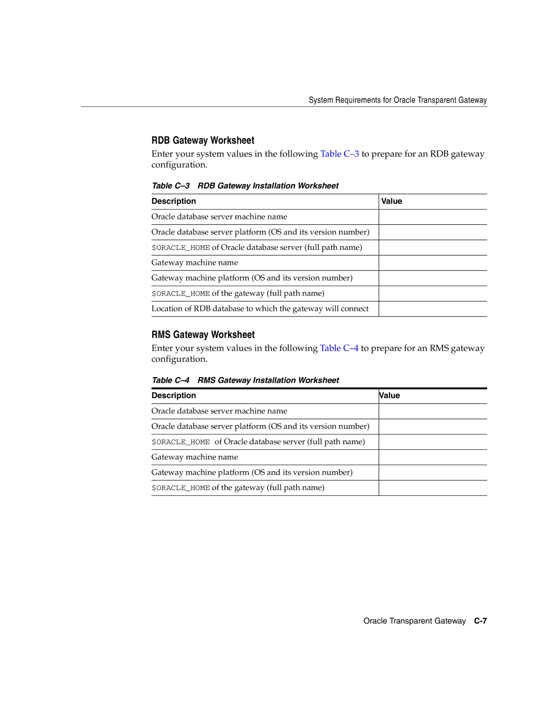 Oracle Audio Technologies B10508-01 manual RDB Gateway Worksheet, RMS Gateway Worksheet, Description Value 