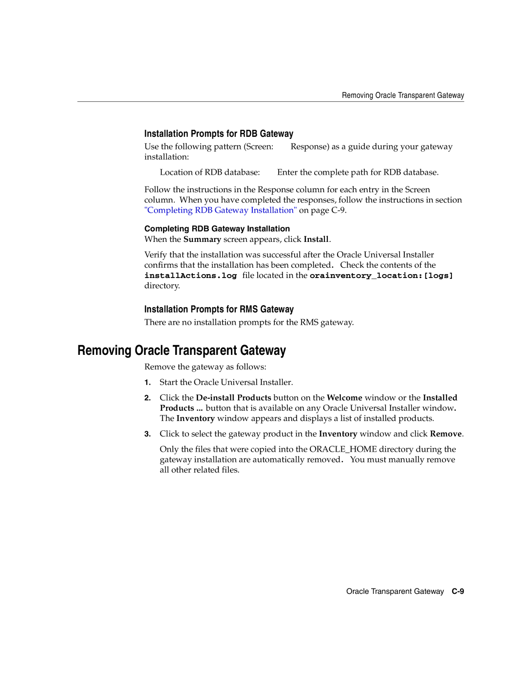 Oracle Audio Technologies B10508-01 manual Removing Oracle Transparent Gateway, Installation Prompts for RDB Gateway 