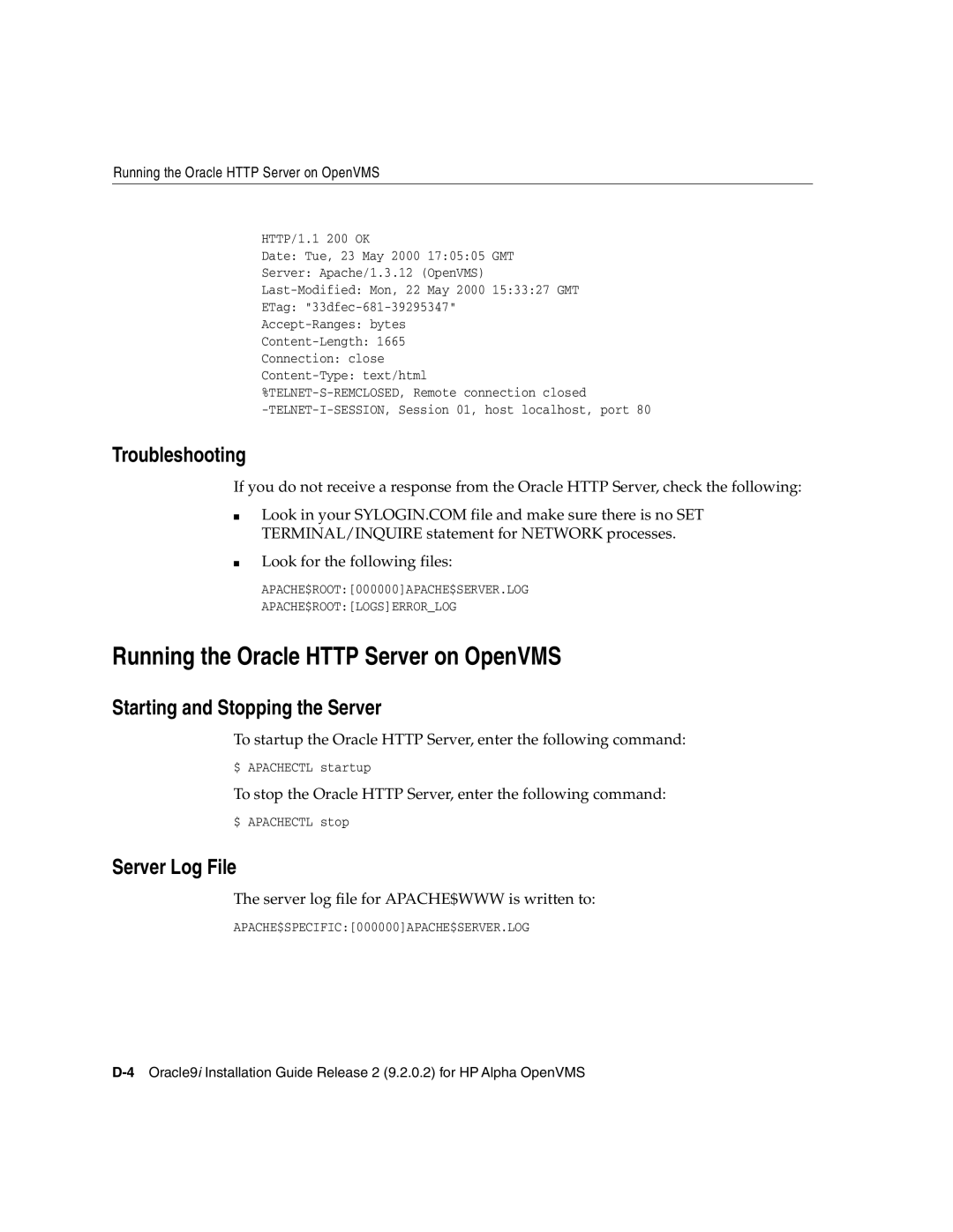 Oracle Audio Technologies B10508-01 manual Running the Oracle Http Server on OpenVMS, Troubleshooting, Server Log File 