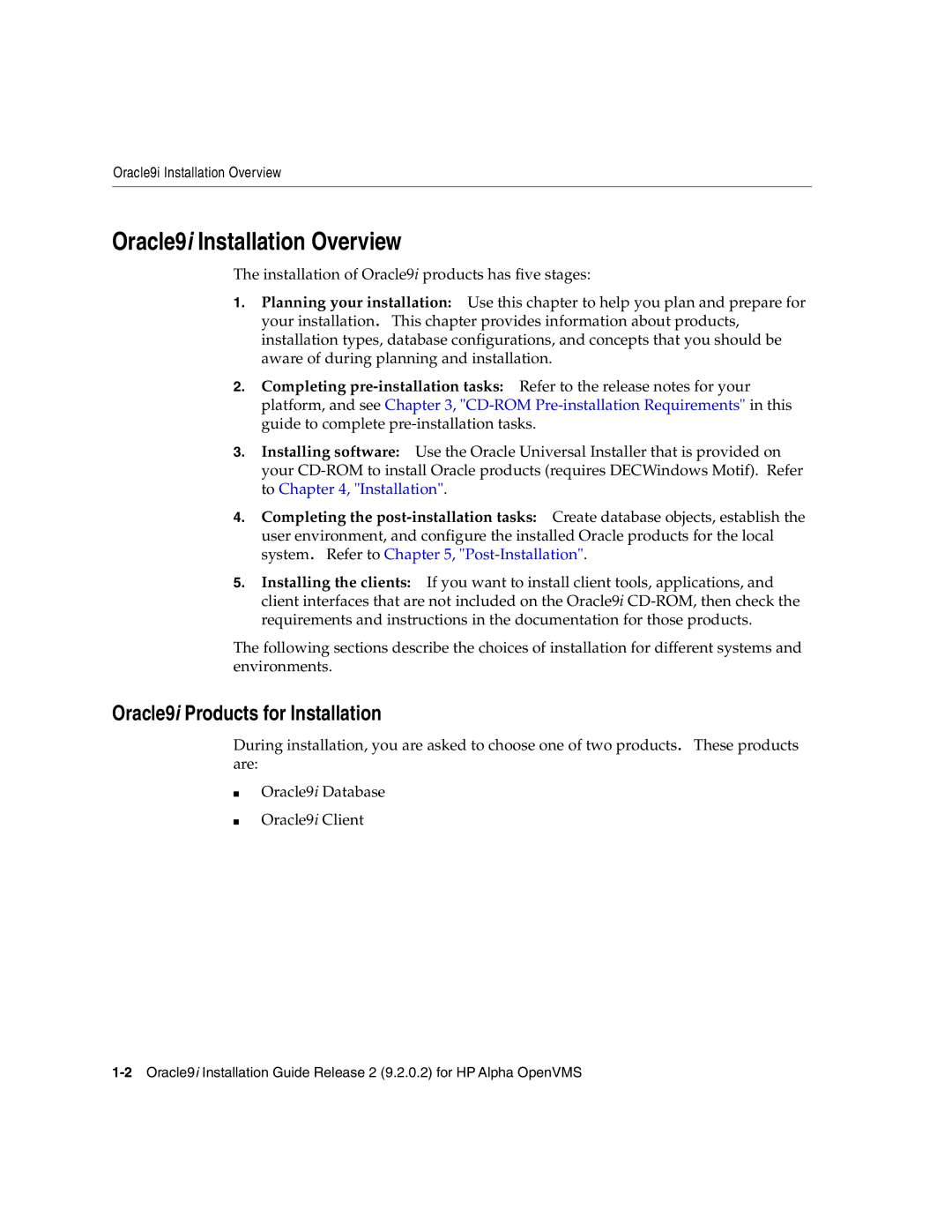 Oracle Audio Technologies B10508-01 manual Oracle9i Installation Overview, Oracle9i Products for Installation 