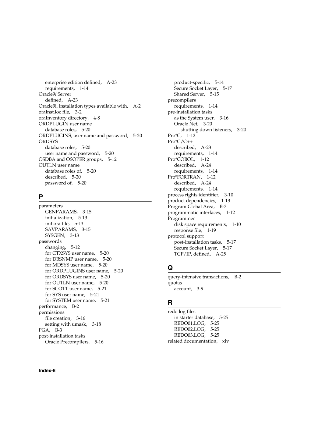 Oracle Audio Technologies B10508-01 manual Genparams, Savparams Sysgen, Index-6 