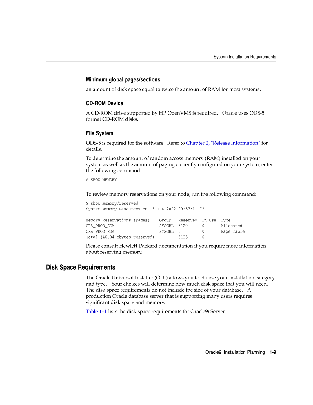 Oracle Audio Technologies B10508-01 Disk Space Requirements, Minimum global pages/sections, CD-ROM Device, File System 