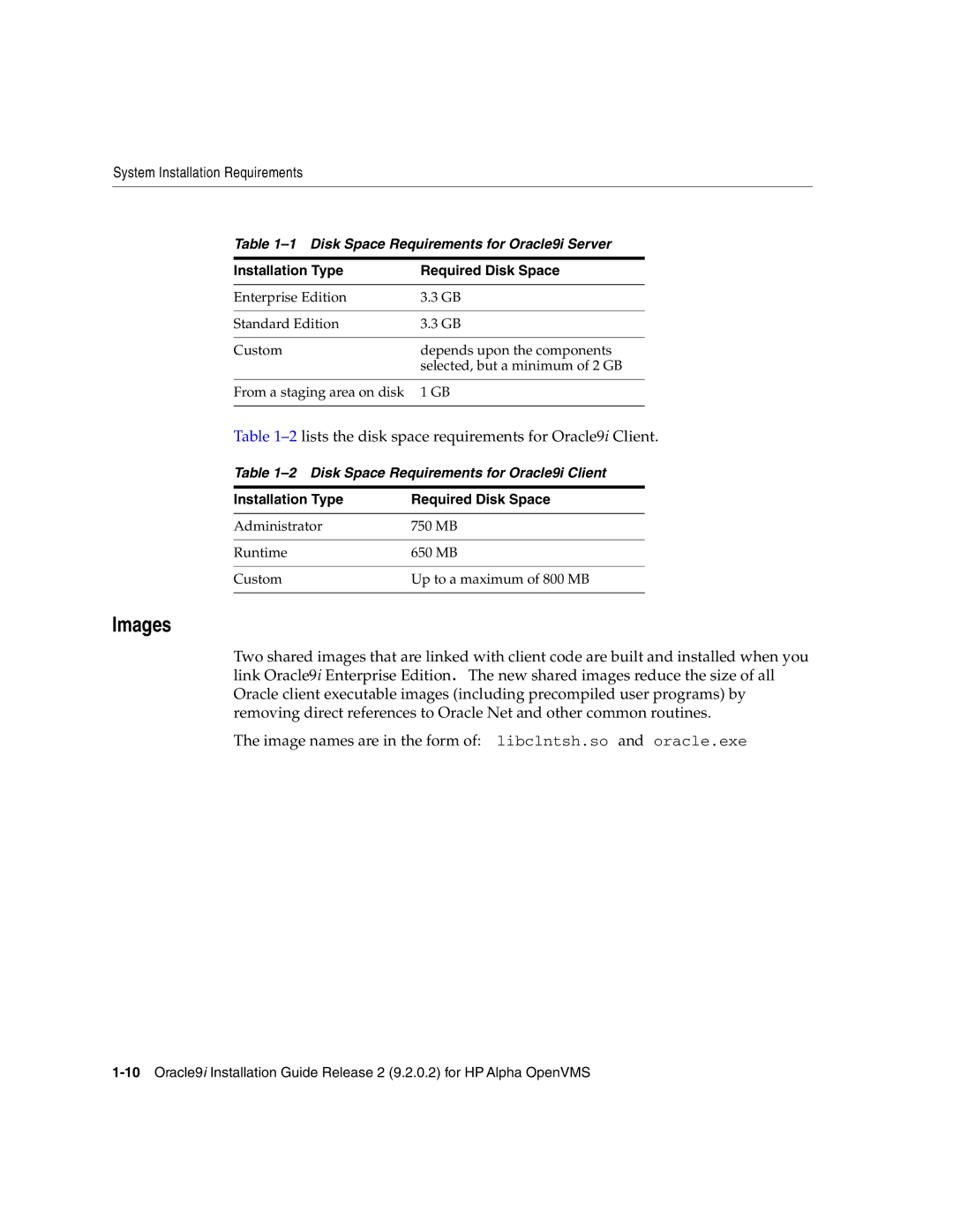 Oracle Audio Technologies B10508-01 manual Images, Disk Space Requirements for Oracle9i Server 