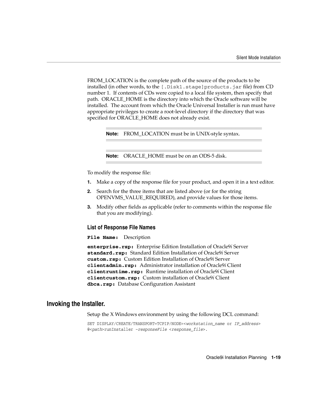Oracle Audio Technologies B10508-01 manual Invoking the Installer, List of Response File Names 