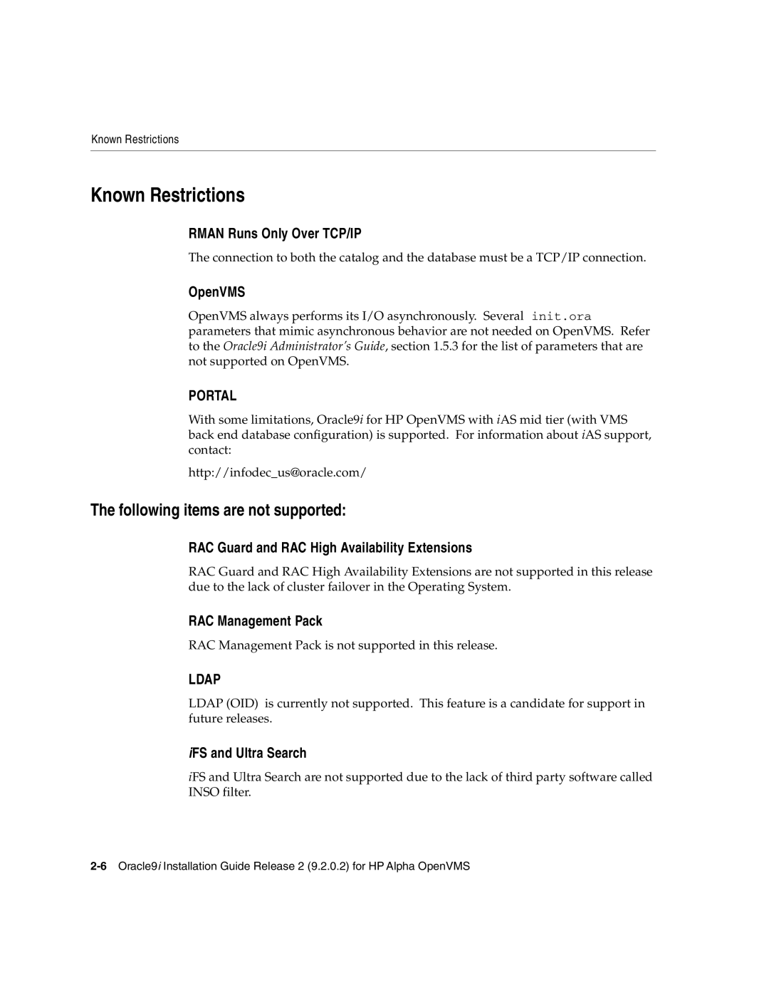 Oracle Audio Technologies B10508-01 manual Known Restrictions, Following items are not supported 