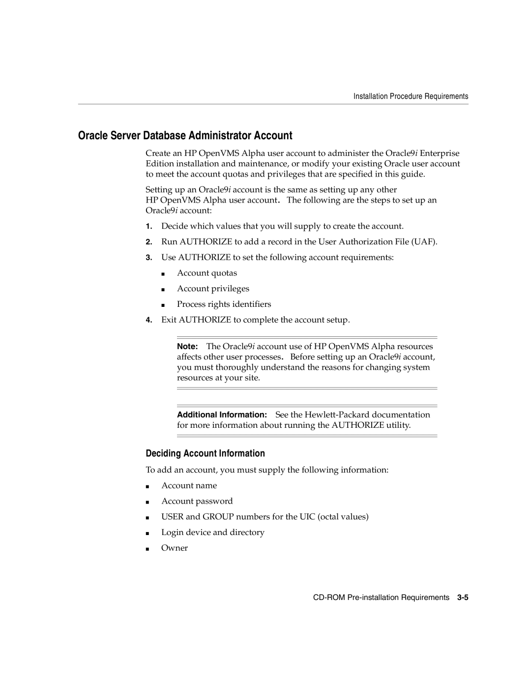 Oracle Audio Technologies B10508-01 manual Oracle Server Database Administrator Account, Deciding Account Information 