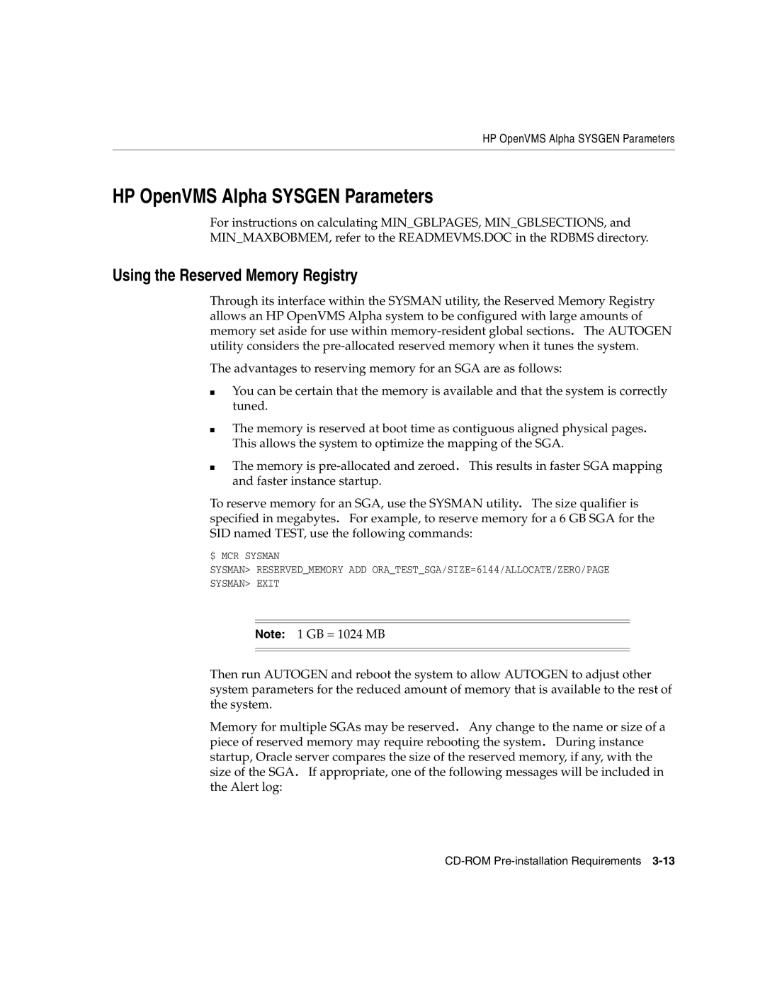 Oracle Audio Technologies B10508-01 manual HP OpenVMS Alpha Sysgen Parameters, Using the Reserved Memory Registry 