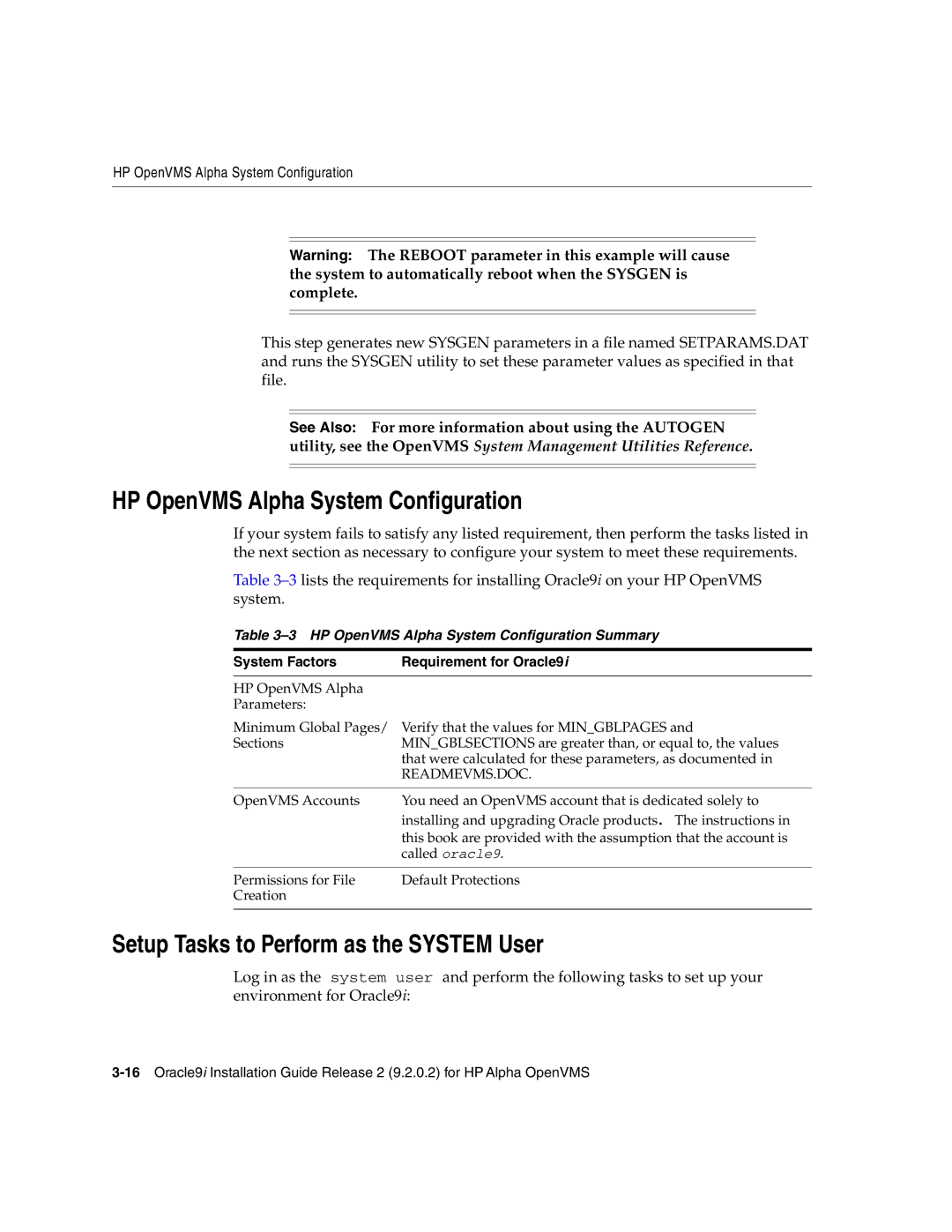 Oracle Audio Technologies B10508-01 manual HP OpenVMS Alpha System Configuration, Setup Tasks to Perform as the System User 