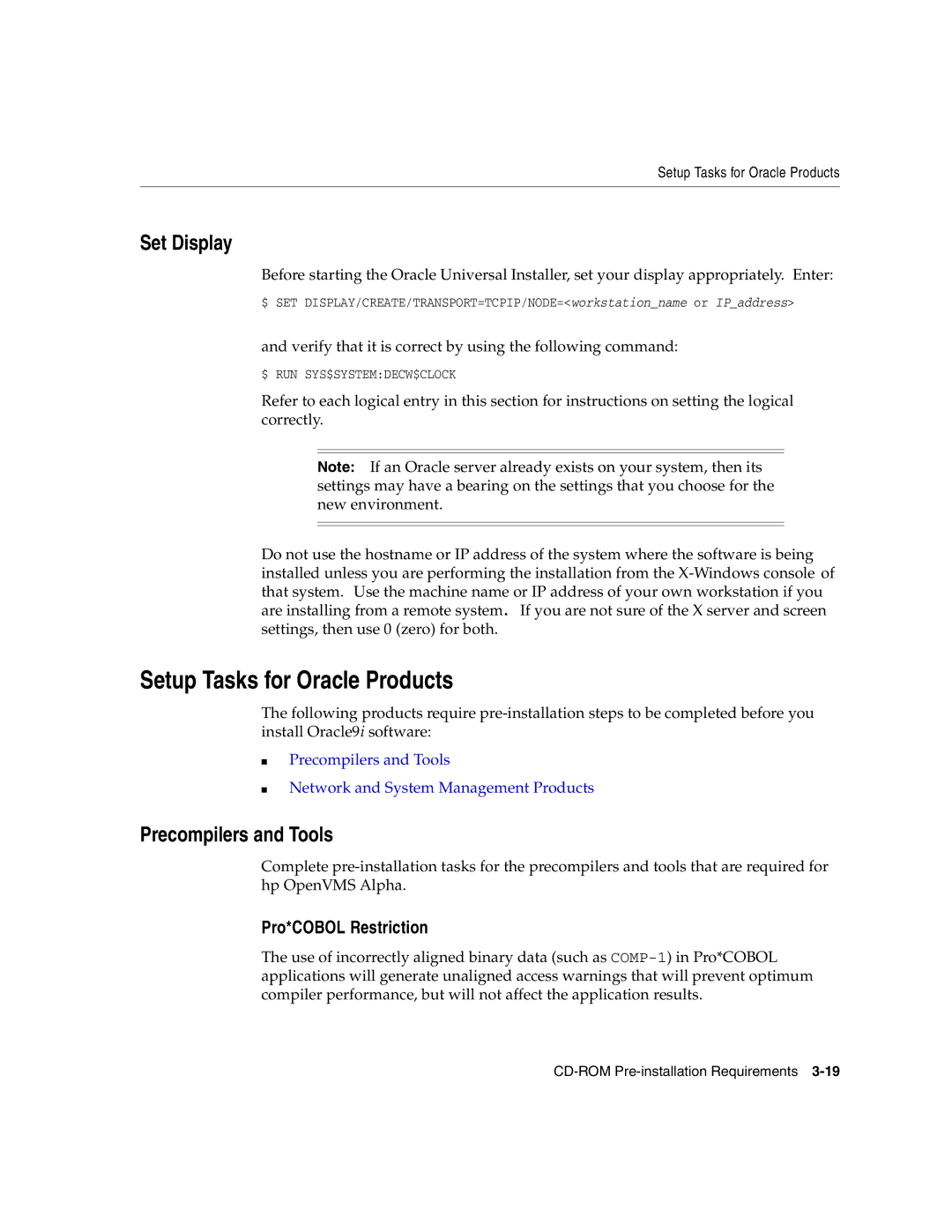 Oracle Audio Technologies B10508-01 manual Setup Tasks for Oracle Products, Set Display, Precompilers and Tools 