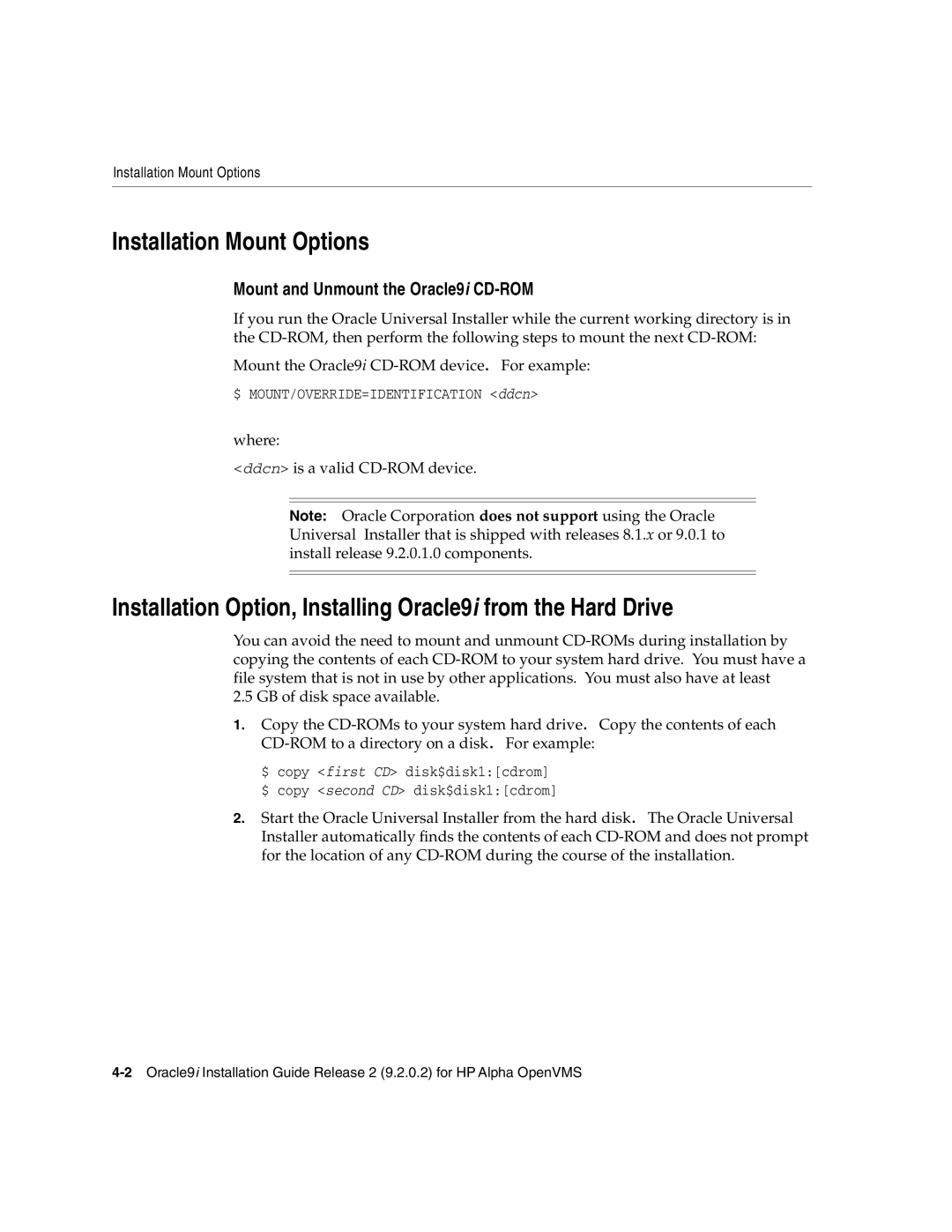 Oracle Audio Technologies B10508-01 manual Installation Mount Options, Mount and Unmount the Oracle9i CD-ROM 