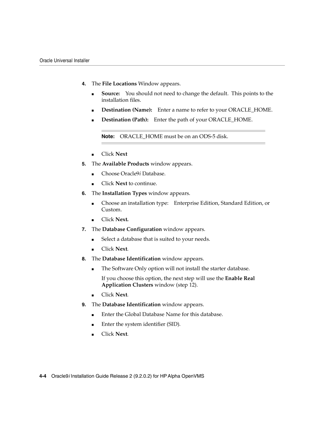 Oracle Audio Technologies B10508-01 manual Database Configuration window appears, Database Identification window appears 