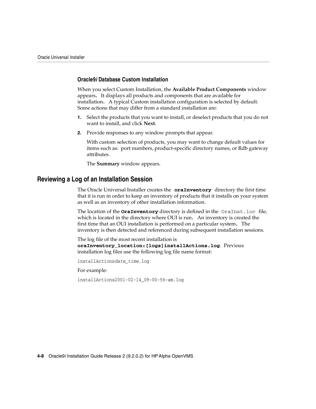 Oracle Audio Technologies B10508-01 Reviewing a Log of an Installation Session, Oracle9i Database Custom Installation 