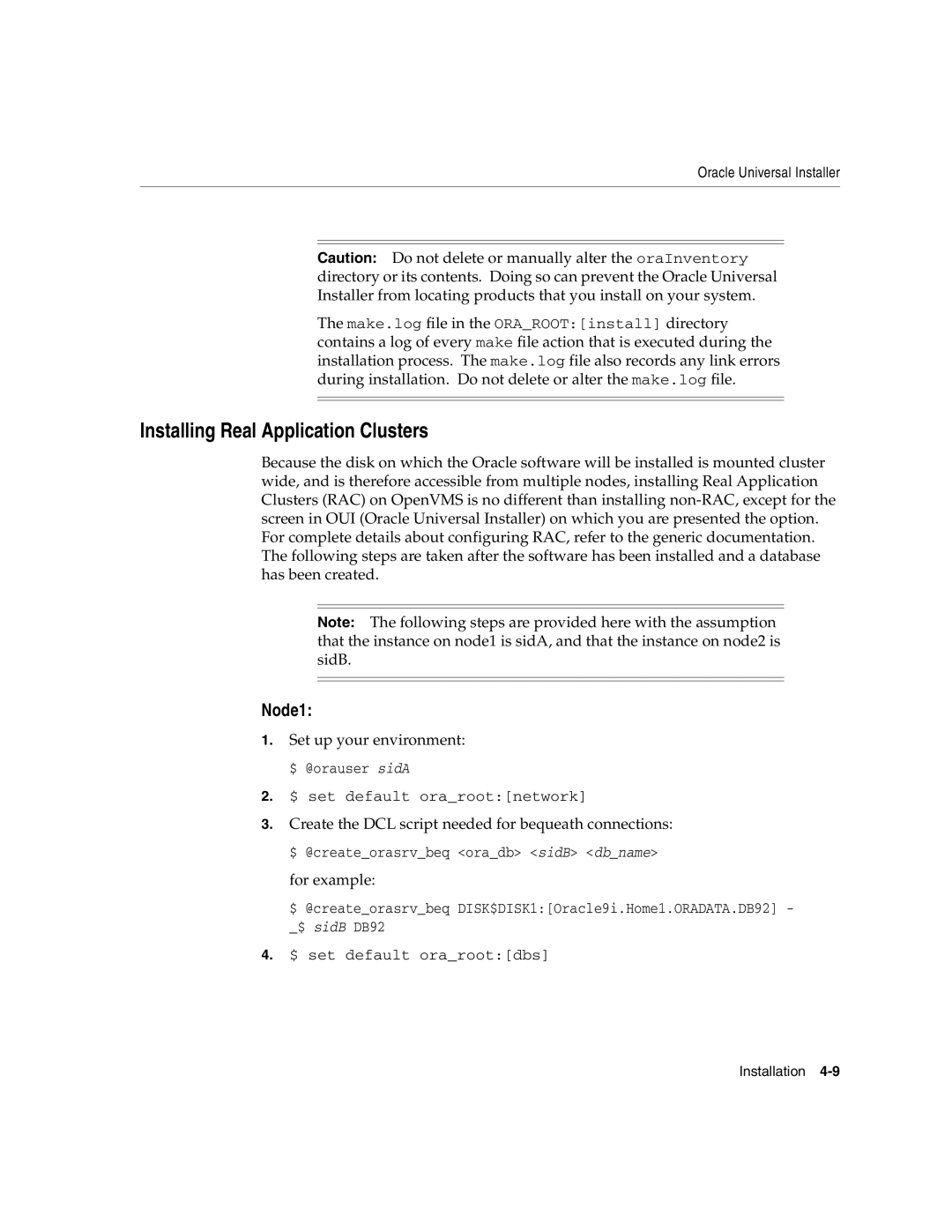 Oracle Audio Technologies B10508-01 manual Installing Real Application Clusters, Node1 