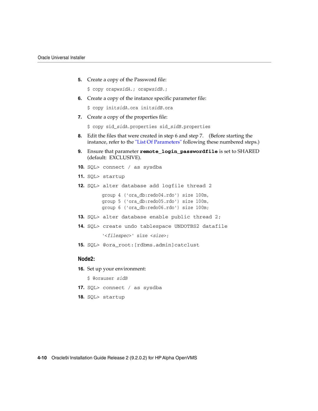 Oracle Audio Technologies B10508-01 manual Node2, Set up your environment $ @orauser sidB 