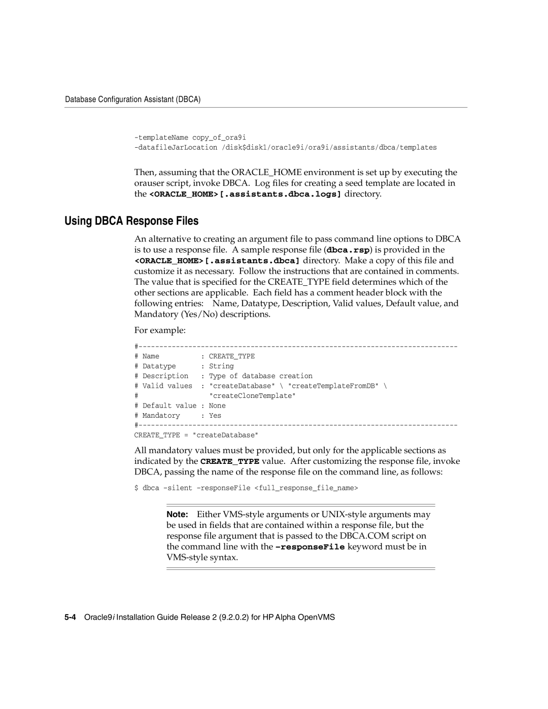 Oracle Audio Technologies B10508-01 manual Using Dbca Response Files, Createtype 