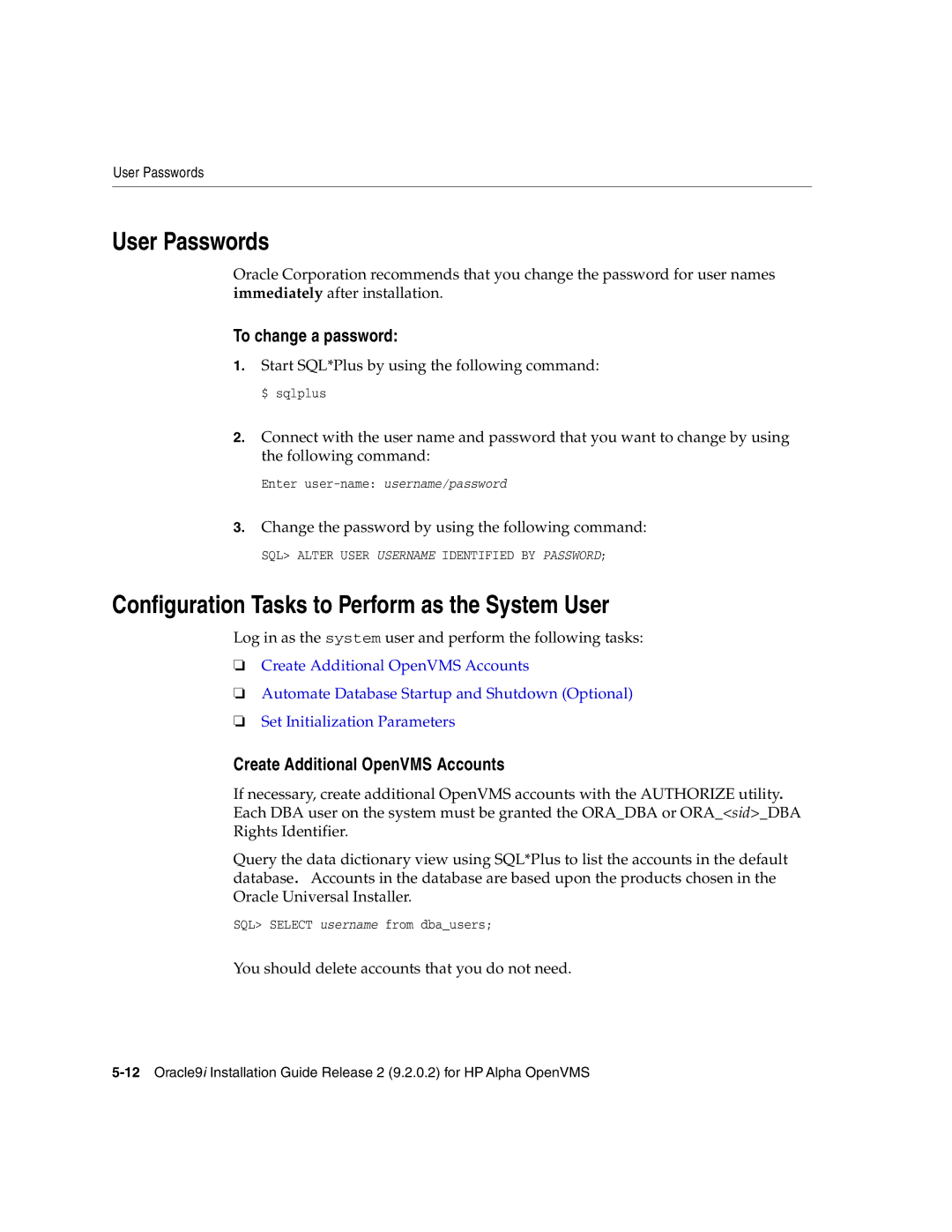 Oracle Audio Technologies B10508-01 manual User Passwords, Configuration Tasks to Perform as the System User 