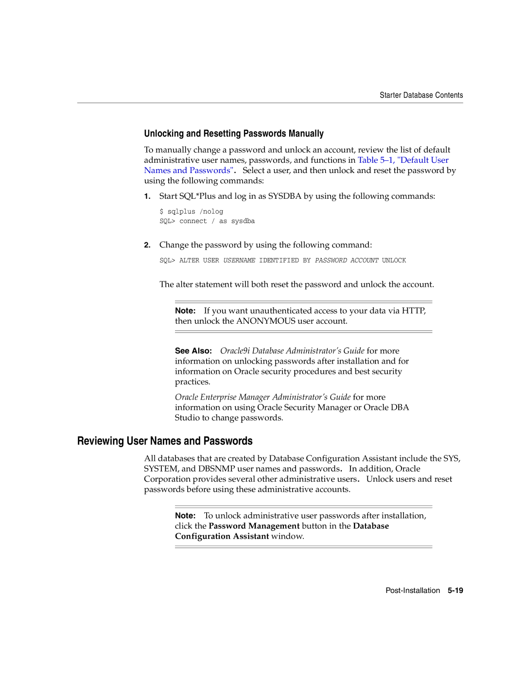 Oracle Audio Technologies B10508-01 manual Reviewing User Names and Passwords, Unlocking and Resetting Passwords Manually 