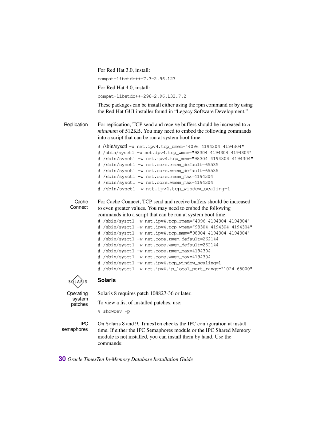 Oracle Audio Technologies B31679-01 manual Cache Connect, Solaris, Operating, System, Patches, IPC semaphores 