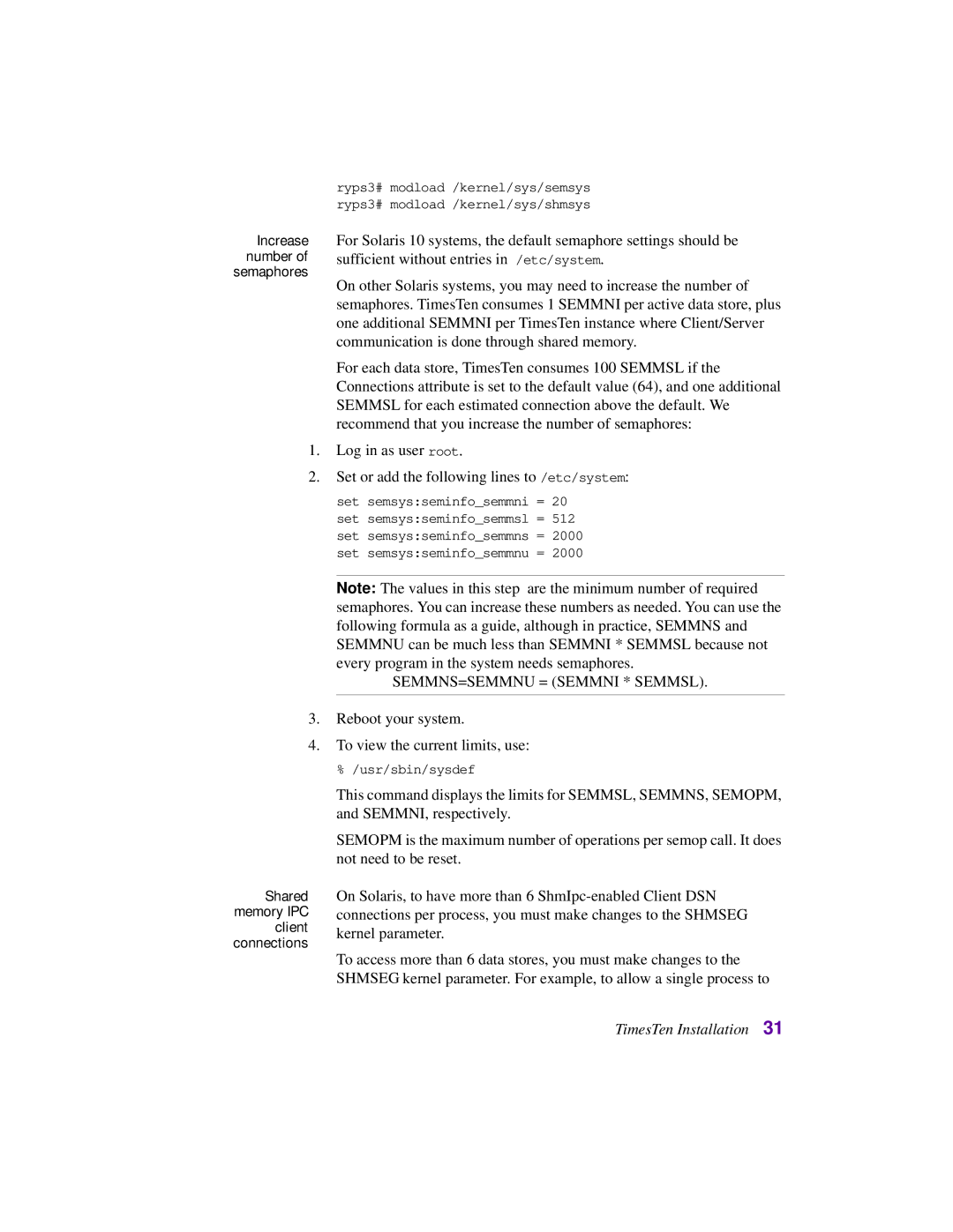 Oracle Audio Technologies B31679-01 manual Increase number of semaphores, Shared memory IPC client connections 