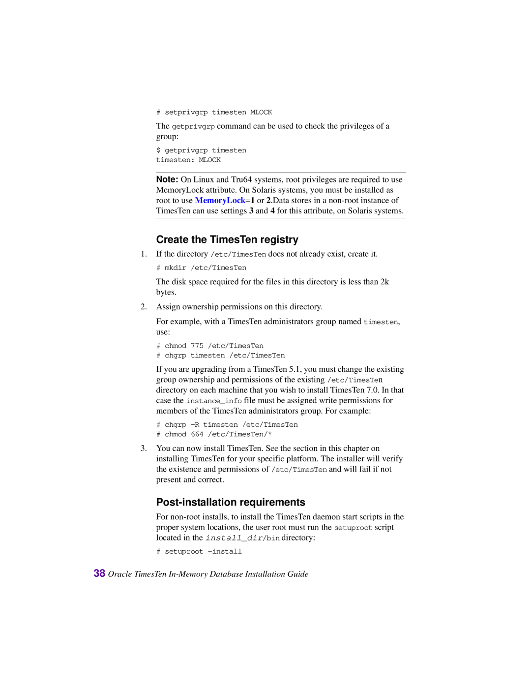 Oracle Audio Technologies B31679-01 manual Create the TimesTen registry, Post-installation requirements 