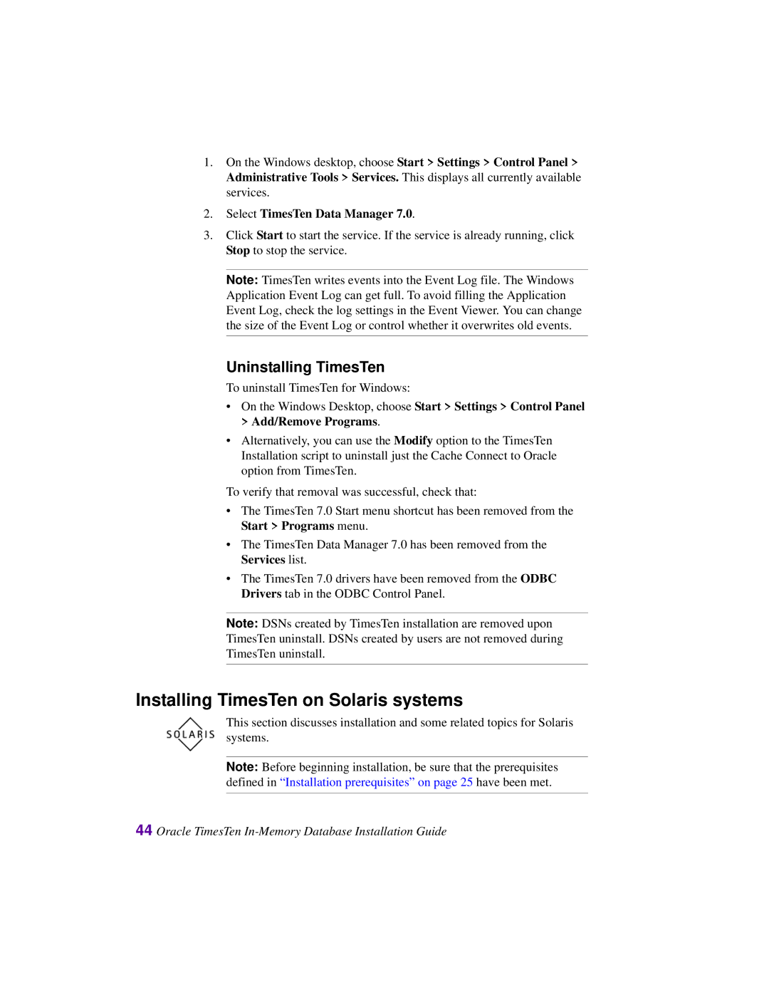 Oracle Audio Technologies B31679-01 manual Installing TimesTen on Solaris systems, Uninstalling TimesTen 