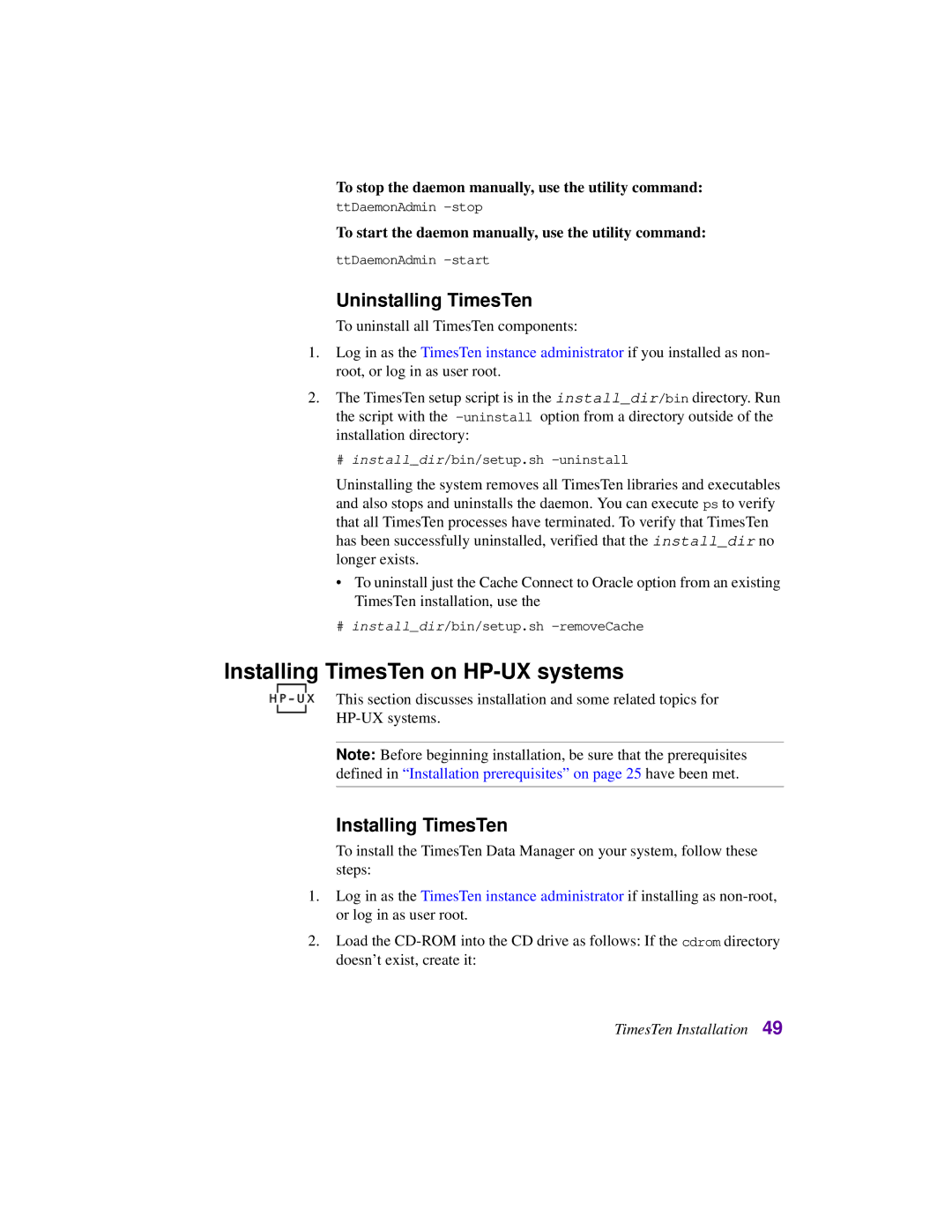Oracle Audio Technologies B31679-01 manual Installing TimesTen on HP-UX systems, Uninstalling TimesTen 