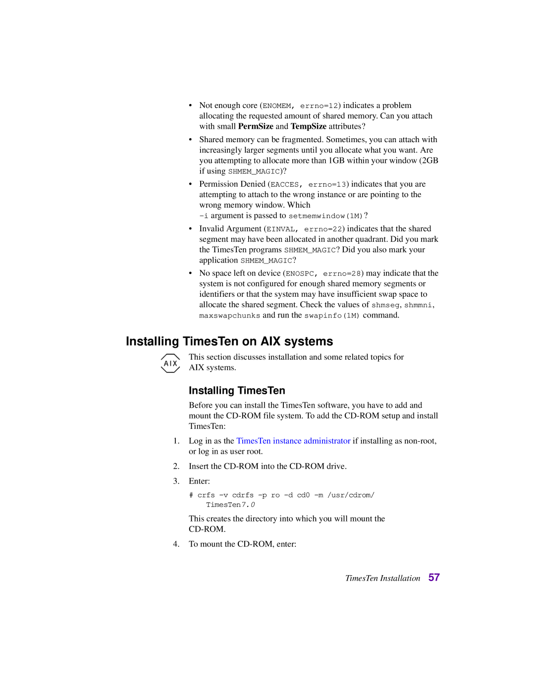 Oracle Audio Technologies B31679-01 manual Installing TimesTen on AIX systems 