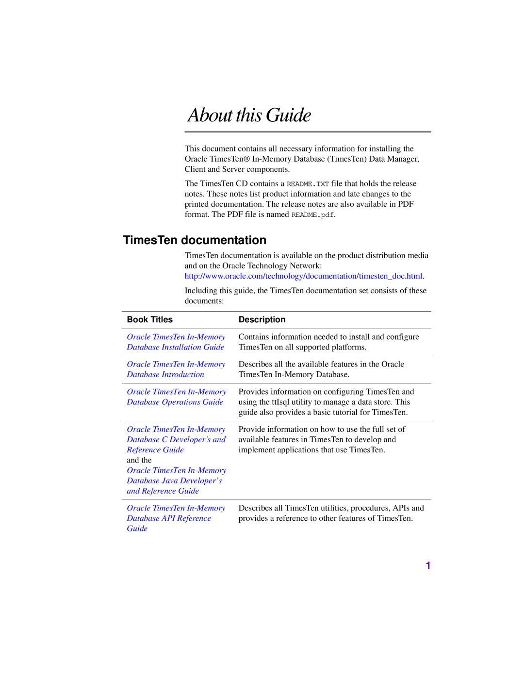 Oracle Audio Technologies B31679-01 manual About this Guide, TimesTen documentation 