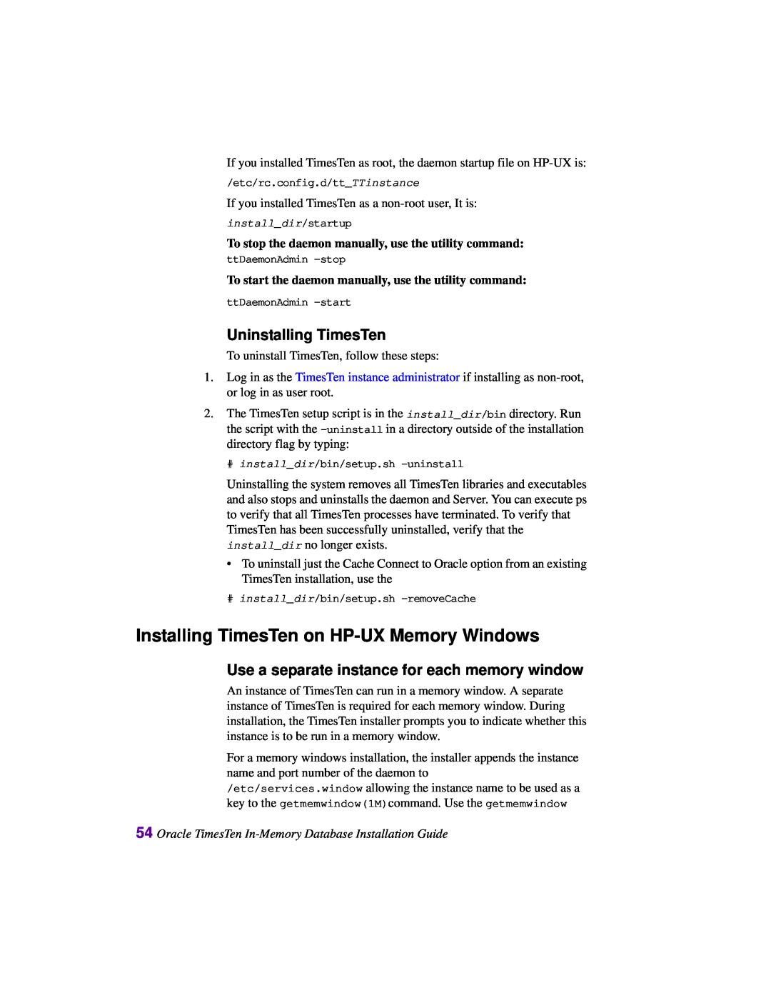Oracle Audio Technologies B31679-01 manual Installing TimesTen on HP-UX Memory Windows, Uninstalling TimesTen 