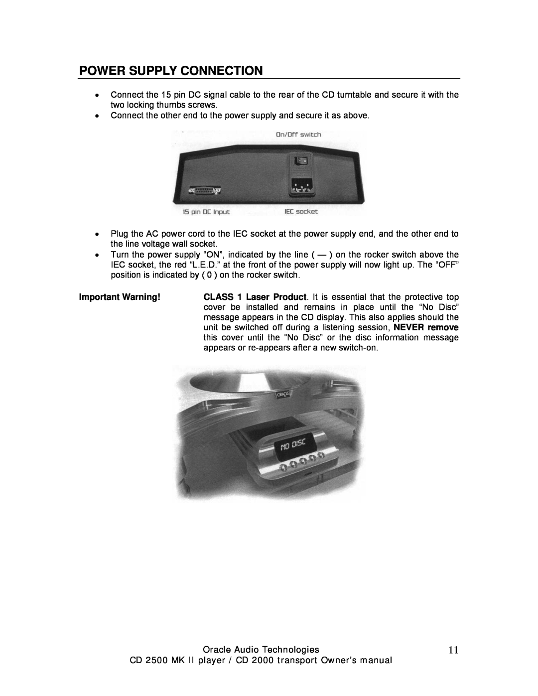 Oracle Audio Technologies 2000 Transport, CD 2000, 2500 MK II manual Power Supply Connection, Important Warning 