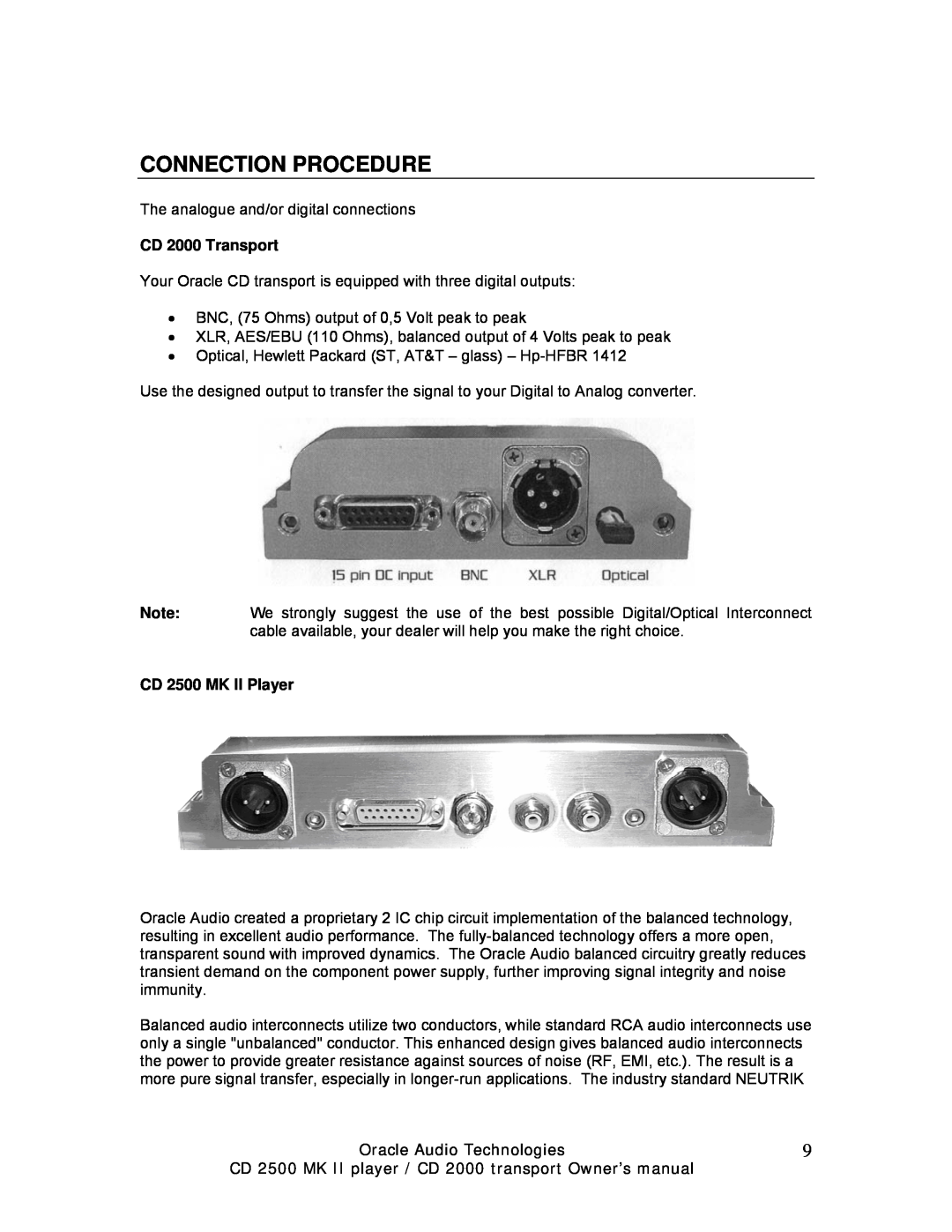 Oracle Audio Technologies manual Connection Procedure, CD 2000 Transport, CD 2500 MK II Player 