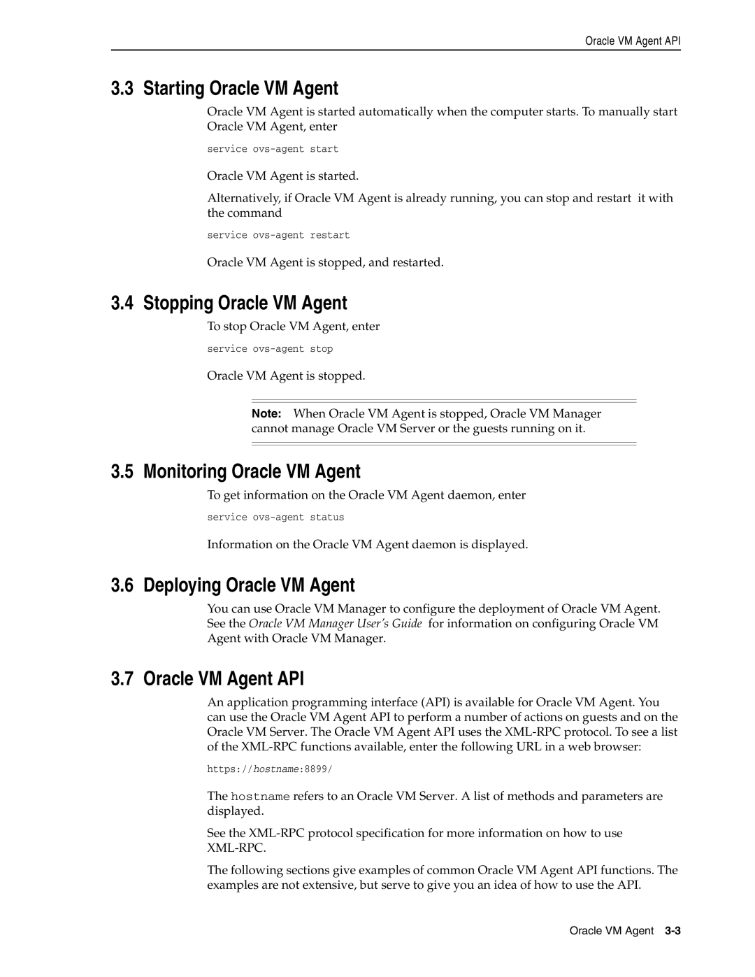 Oracle Audio Technologies E10898-02 manual Starting Oracle VM Agent, Stopping Oracle VM Agent, Monitoring Oracle VM Agent 