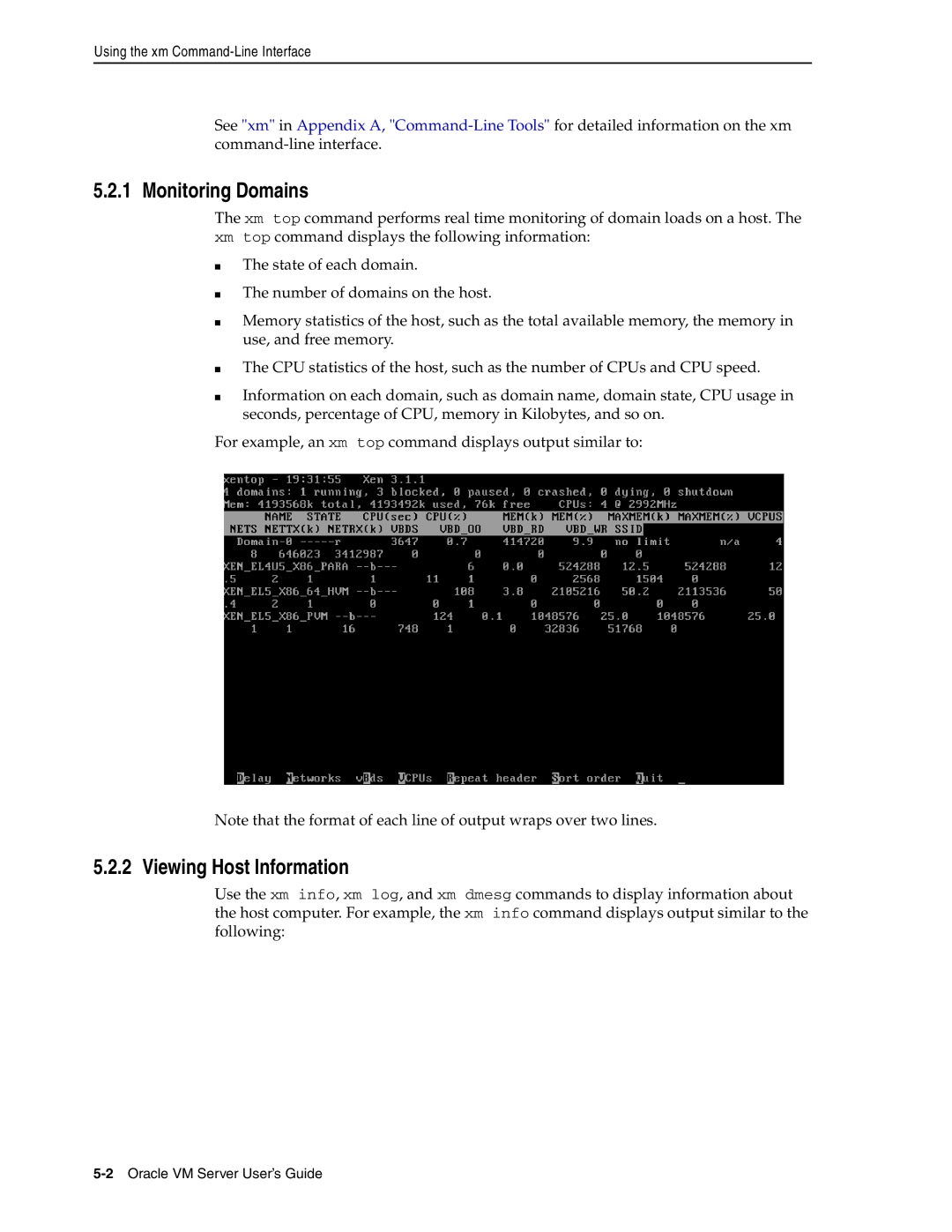 Oracle Audio Technologies E10898-02 Monitoring Domains, Viewing Host Information, Using the xm Command-Line Interface 