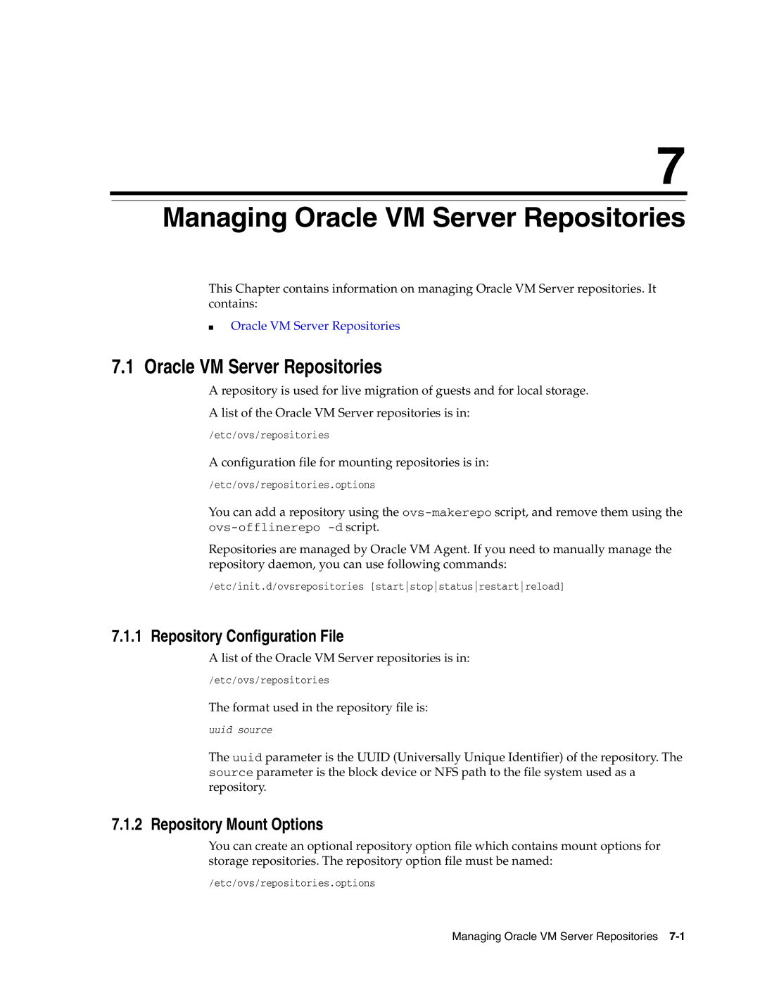 Oracle Audio Technologies E10898-02 manual Managing Oracle VM Server Repositories, Repository Configuration File 