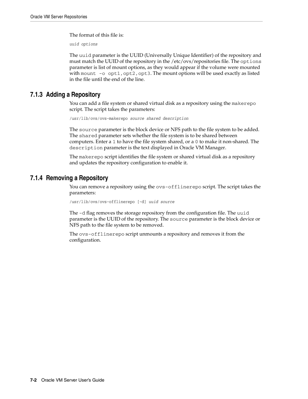 Oracle Audio Technologies E10898-02 manual Adding a Repository, Removing a Repository, Oracle VM Server Repositories 