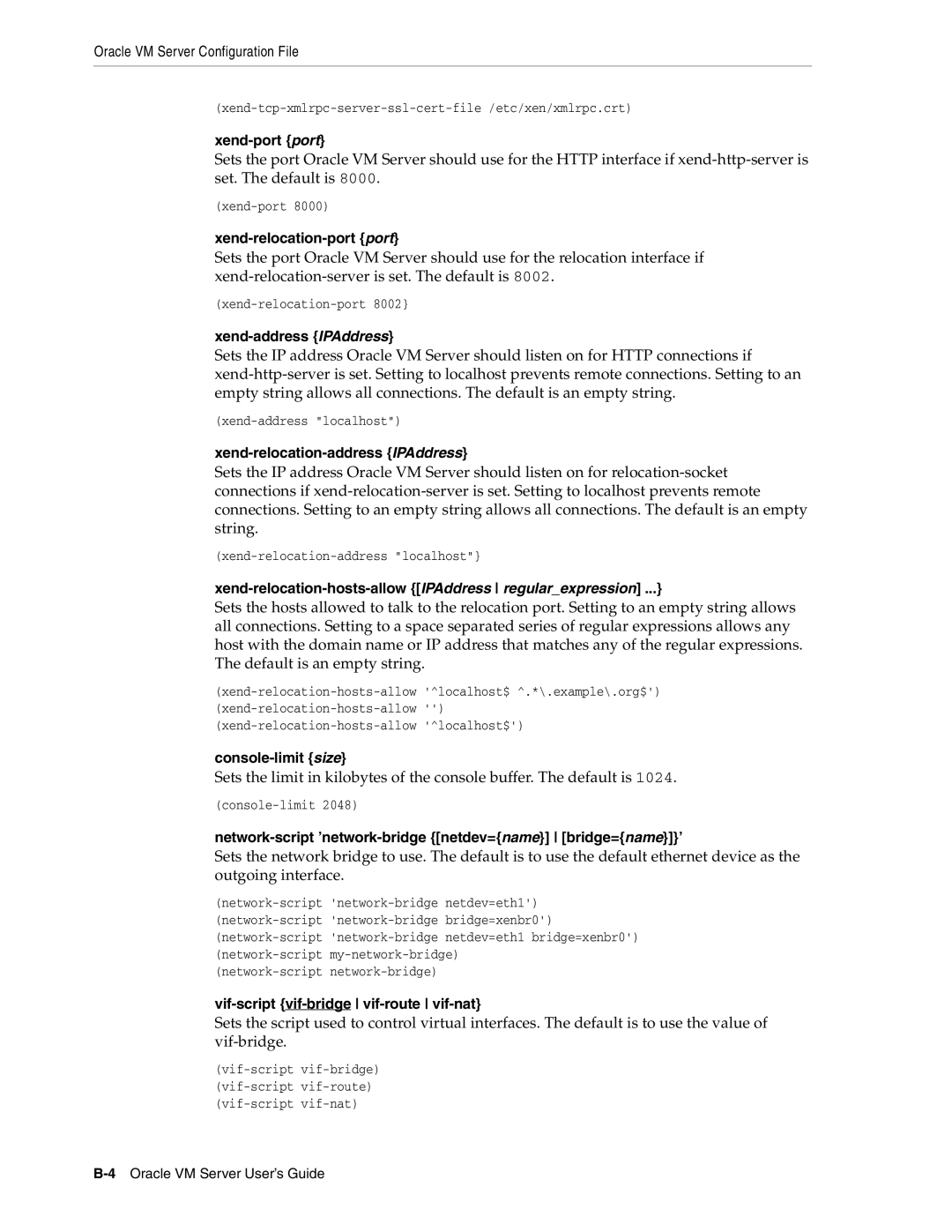 Oracle Audio Technologies E10898-02 Xend-port port, Xend-relocation-port port, Xend-address IPAddress, Console-limit size 