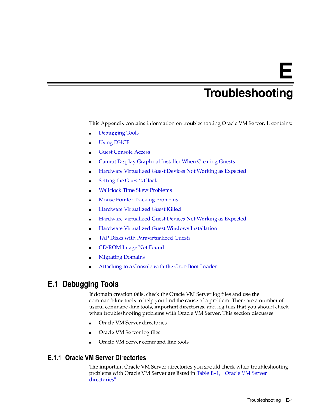 Oracle Audio Technologies E10898-02 manual Troubleshooting, Debugging Tools, Oracle VM Server Directories 