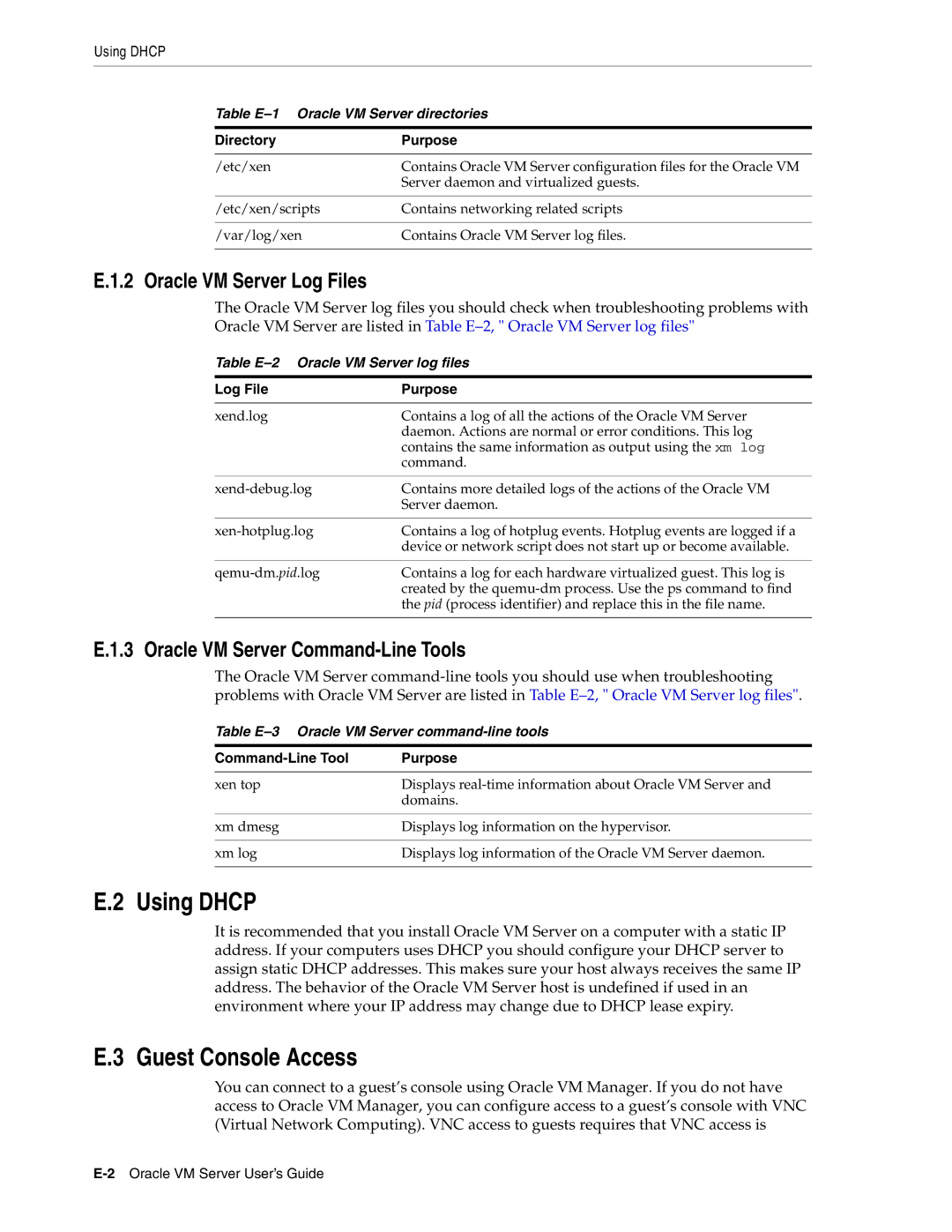 Oracle Audio Technologies E10898-02 manual Using Dhcp, Guest Console Access, Oracle VM Server Log Files 