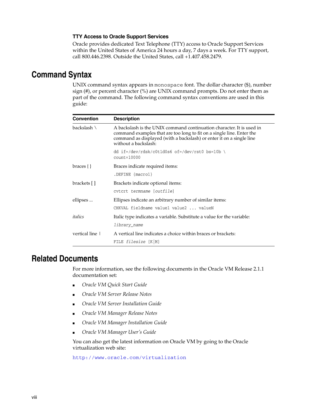 Oracle Audio Technologies E10898-02 manual Command Syntax, TTY Access to Oracle Support Services 