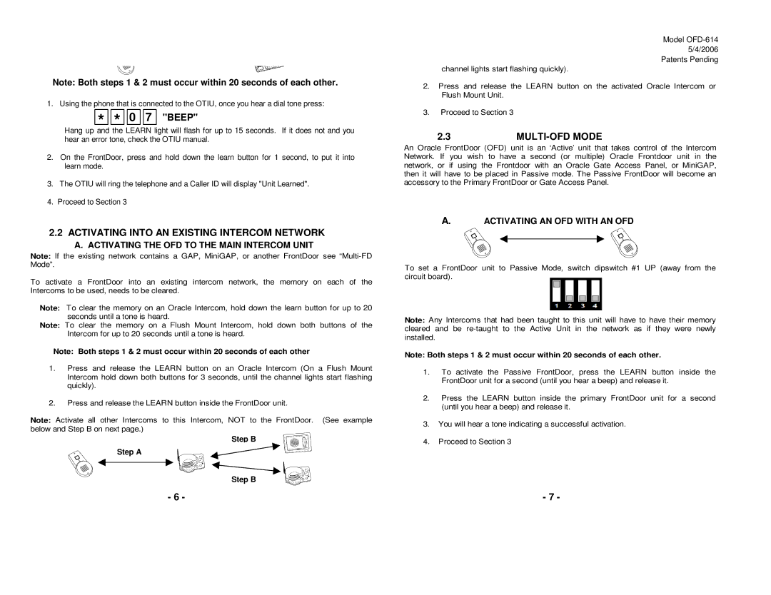 Oracle Audio Technologies OFD-614 warranty Beep, Activating Into AN Existing Intercom Network, MULTI-OFD Mode 