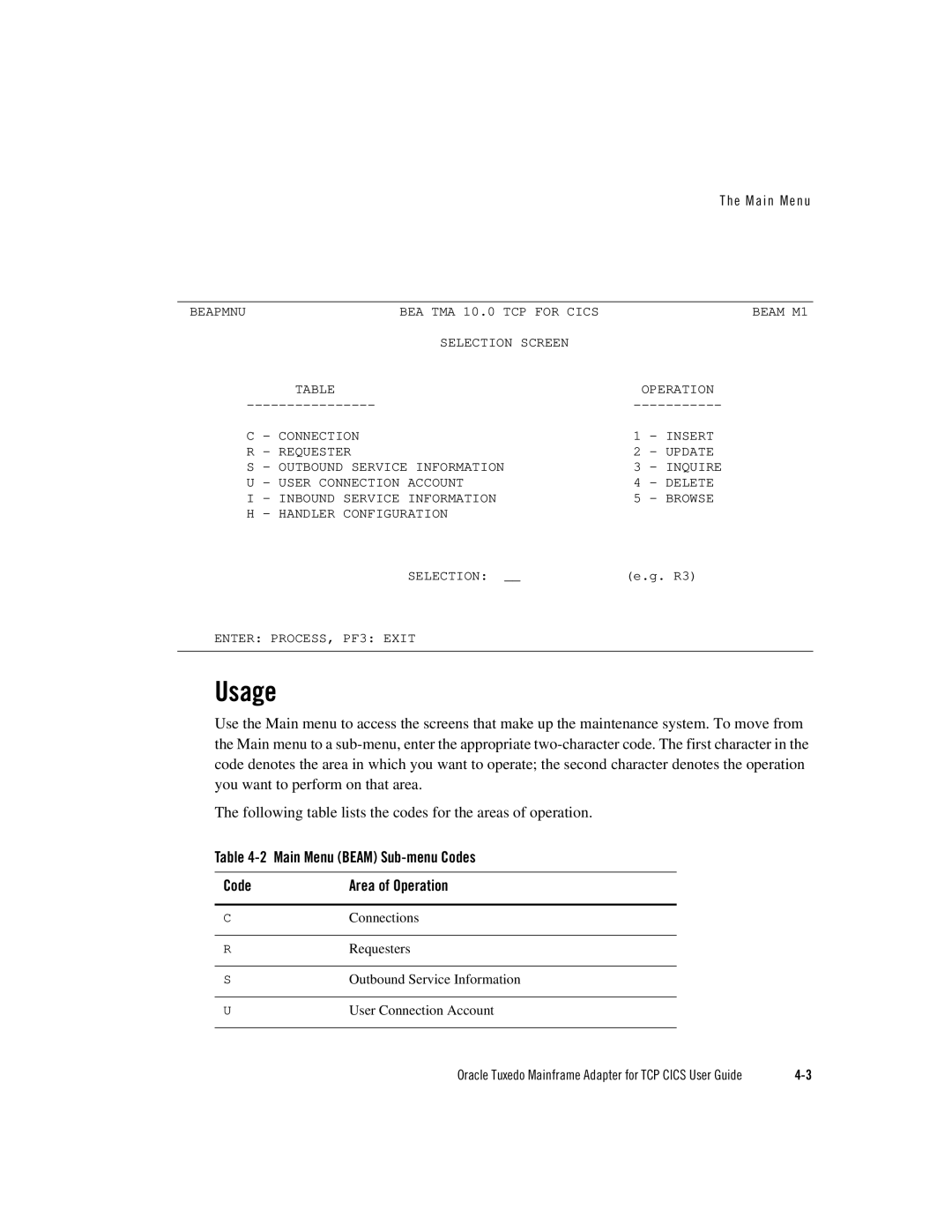 Oracle Audio Technologies Oracle Tuxedo manual Usage, Main Menu Beam Sub-menu Codes Area of Operation 