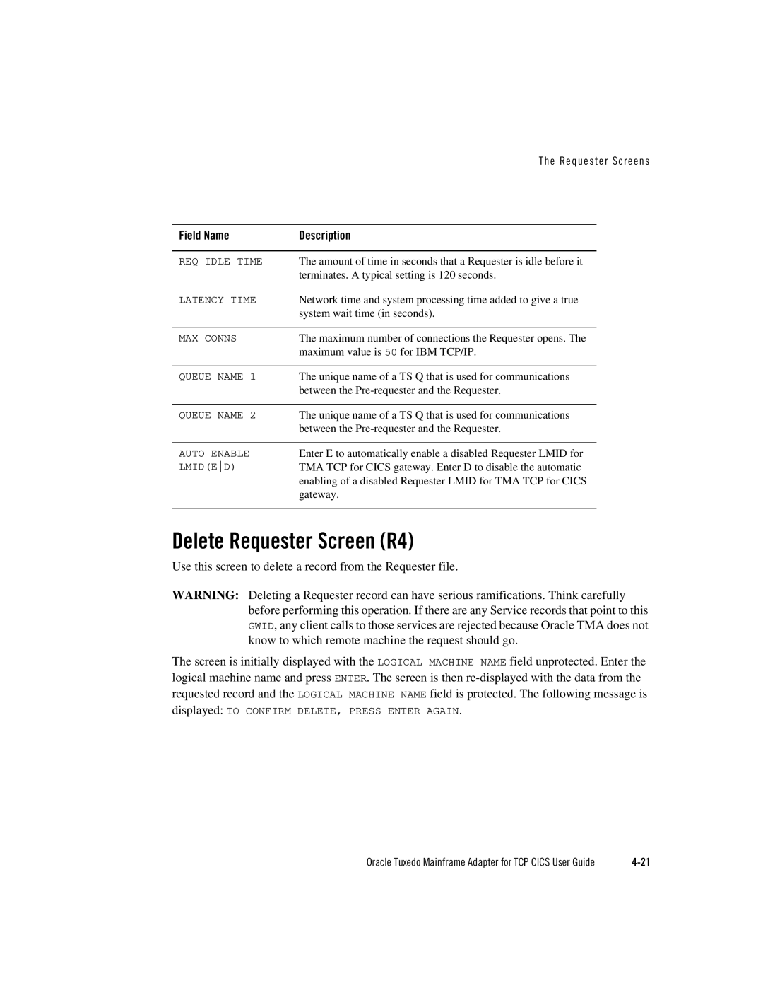 Oracle Audio Technologies Oracle Tuxedo manual Delete Requester Screen R4 