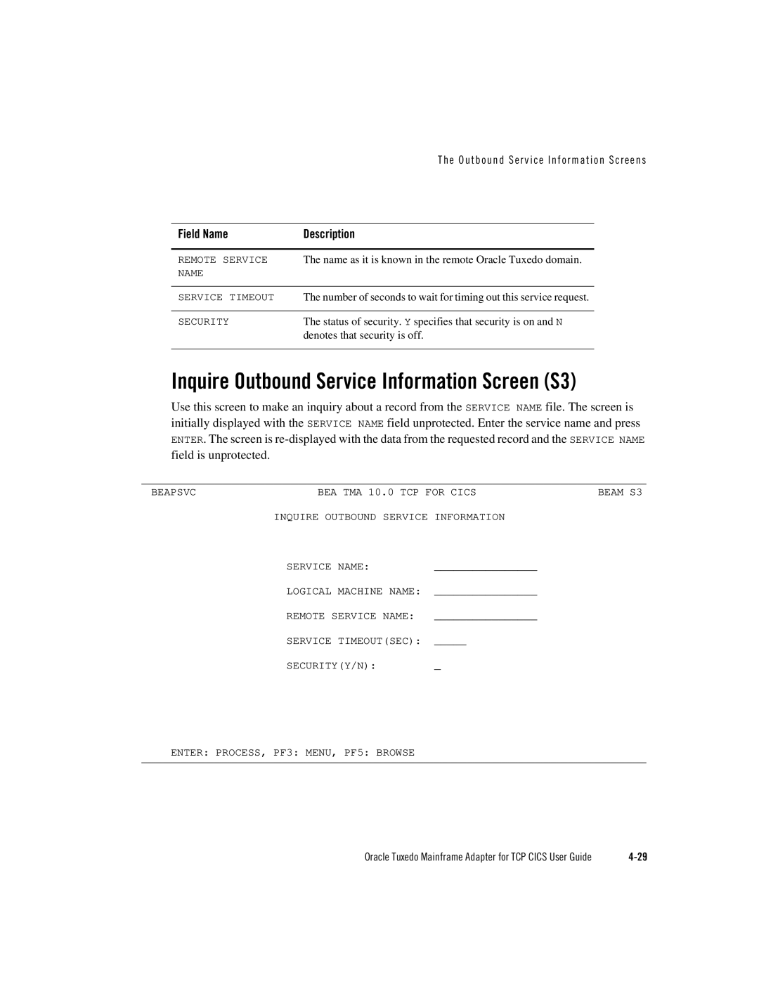 Oracle Audio Technologies Oracle Tuxedo manual Inquire Outbound Service Information Screen S3 