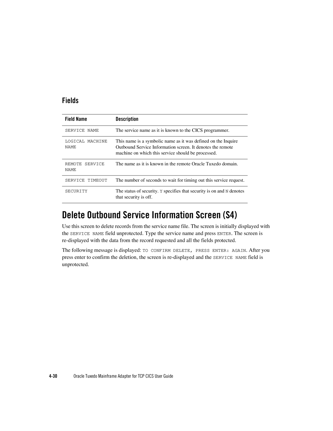 Oracle Audio Technologies Oracle Tuxedo manual Delete Outbound Service Information Screen S4 