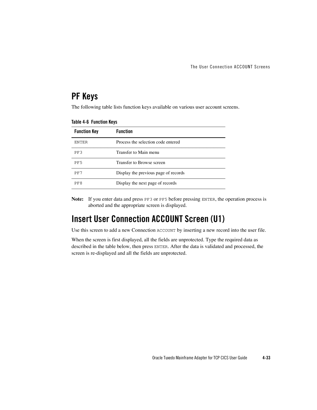 Oracle Audio Technologies Oracle Tuxedo manual PF Keys, Insert User Connection Account Screen U1 