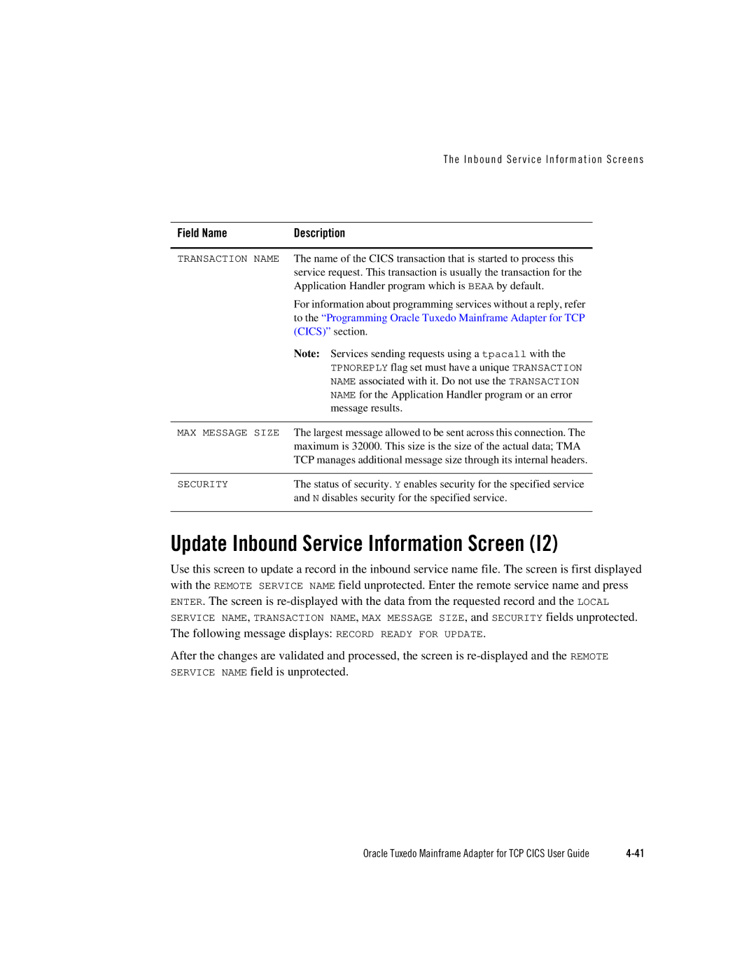 Oracle Audio Technologies Oracle Tuxedo manual Update Inbound Service Information Screen, Cics section 