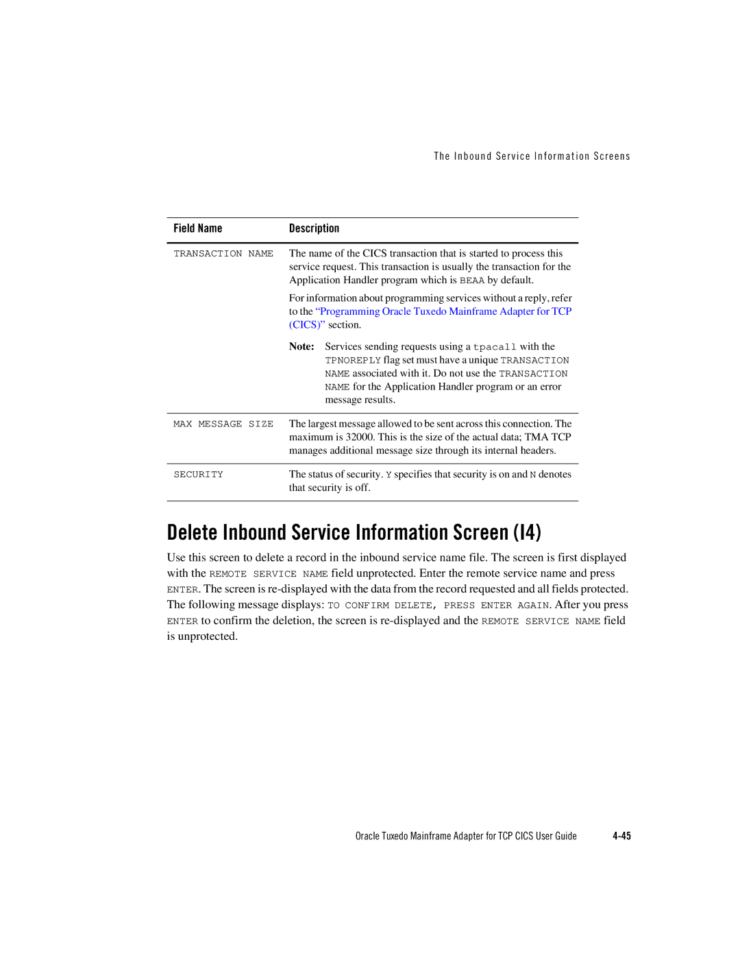 Oracle Audio Technologies Oracle Tuxedo manual Delete Inbound Service Information Screen 