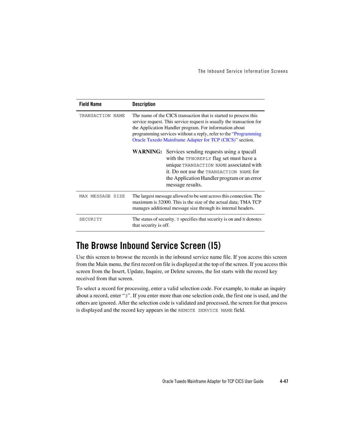 Oracle Audio Technologies Oracle Tuxedo manual Browse Inbound Service Screen, Message results 